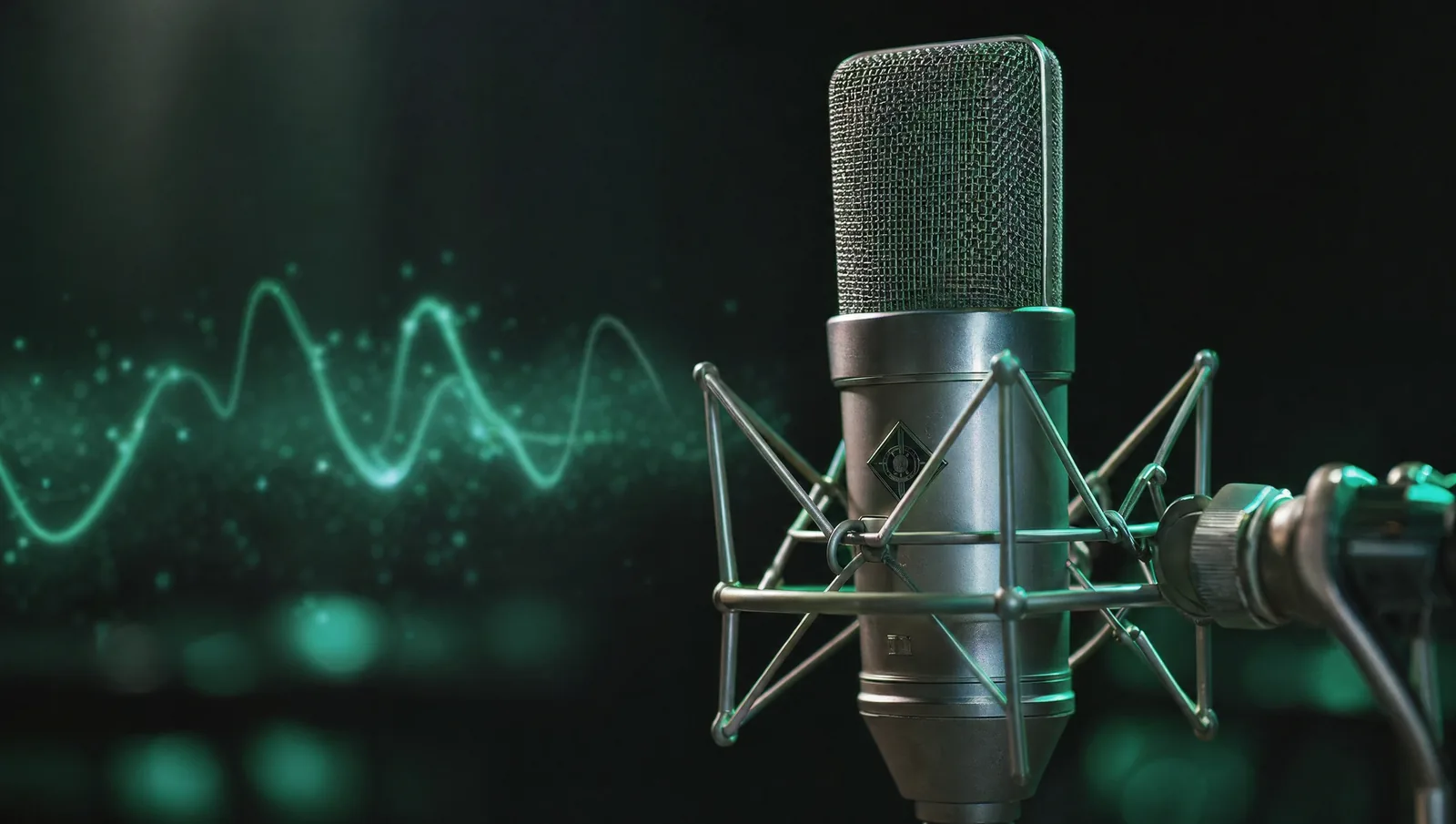 Macro shot of a Neumann U87 microphone with mint waveform behind