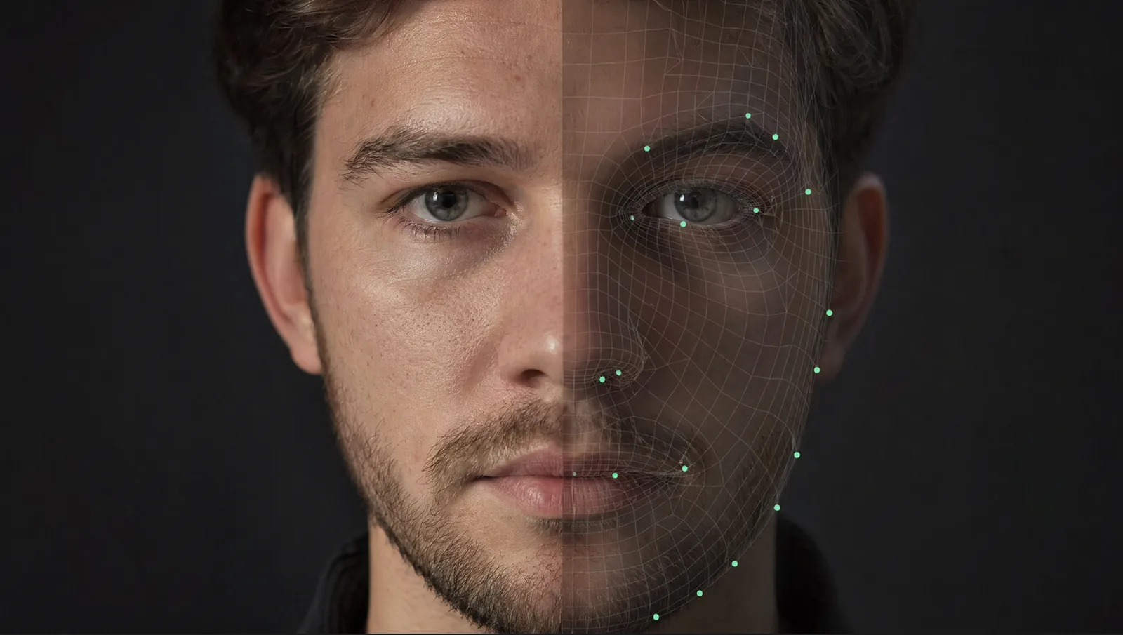 Split portrait half-real half-wireframe with mint tracking points