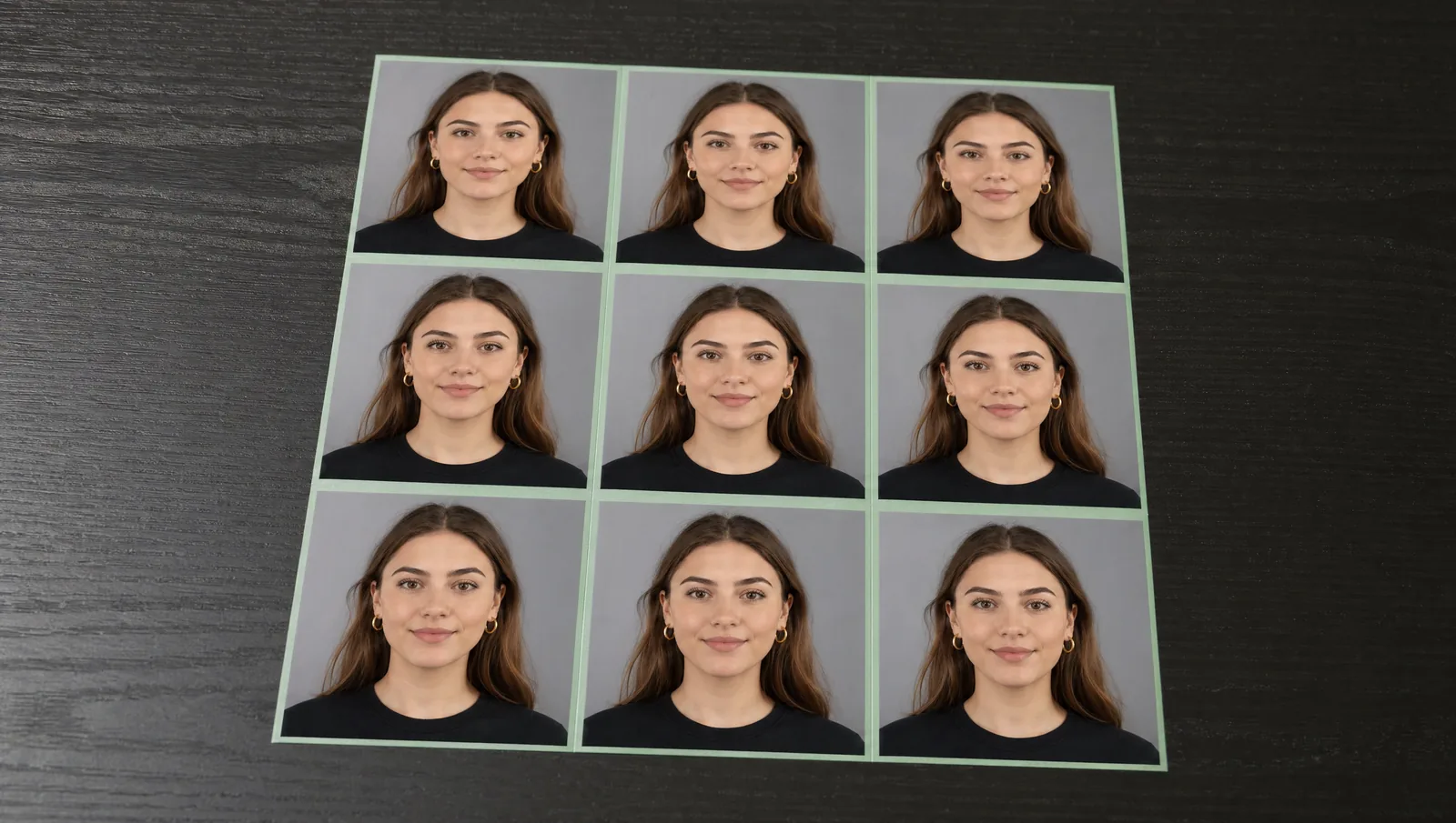 3x3 grid of identical portraits on mint wood surface