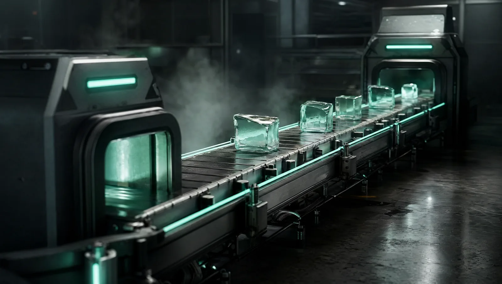 Futuristic conveyor belt with mint cubes from script to publish