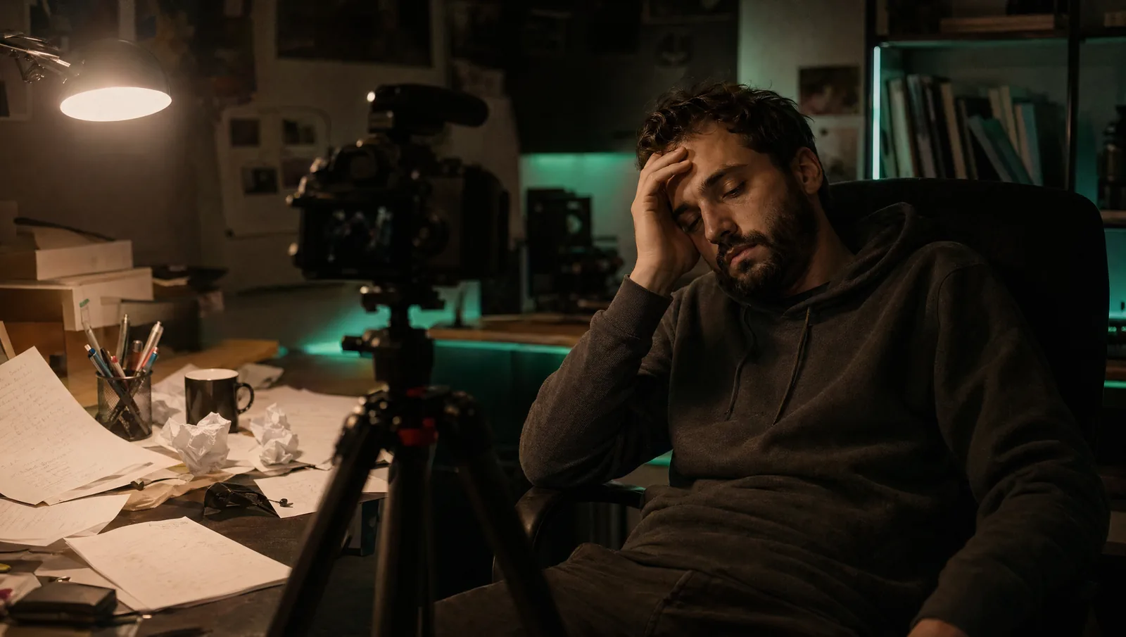 Exhausted creator late at night behind their camera, crumpled papers on the desk