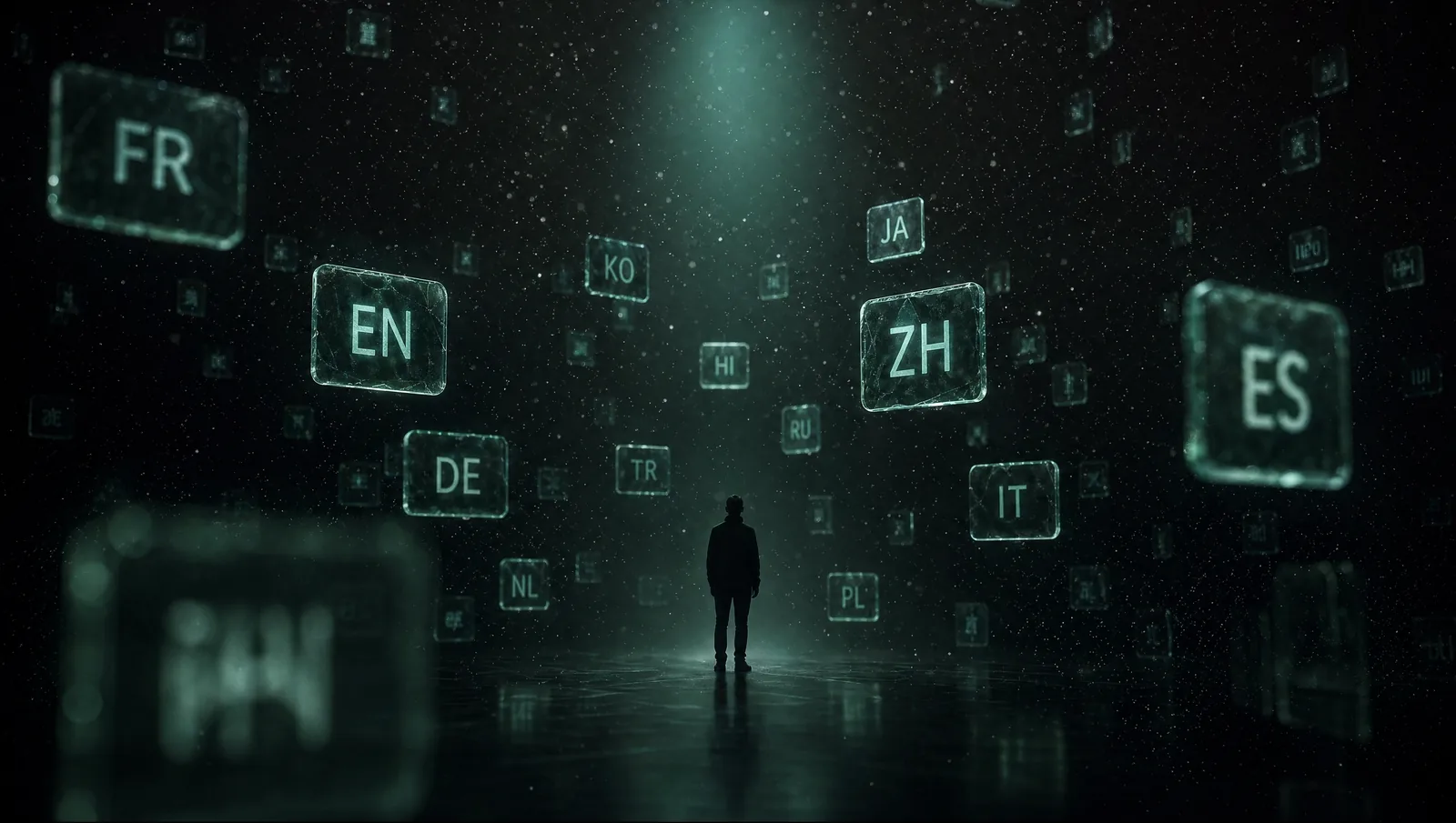 Silhouette surrounded by floating mint language tags