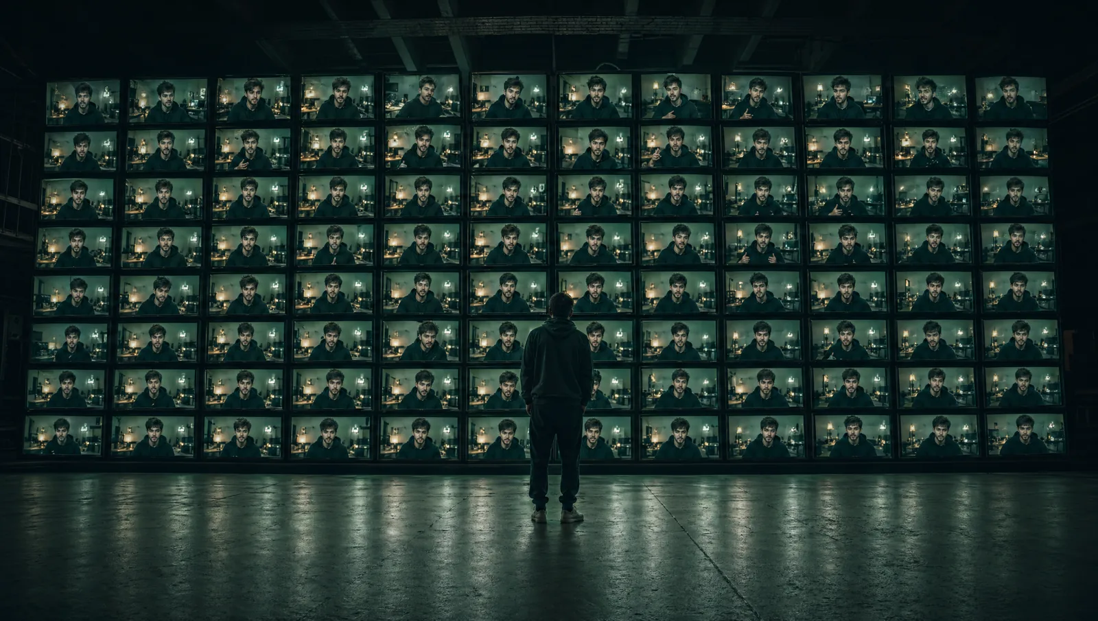 Lone creator in front of a wall of monitors broadcasting their own face