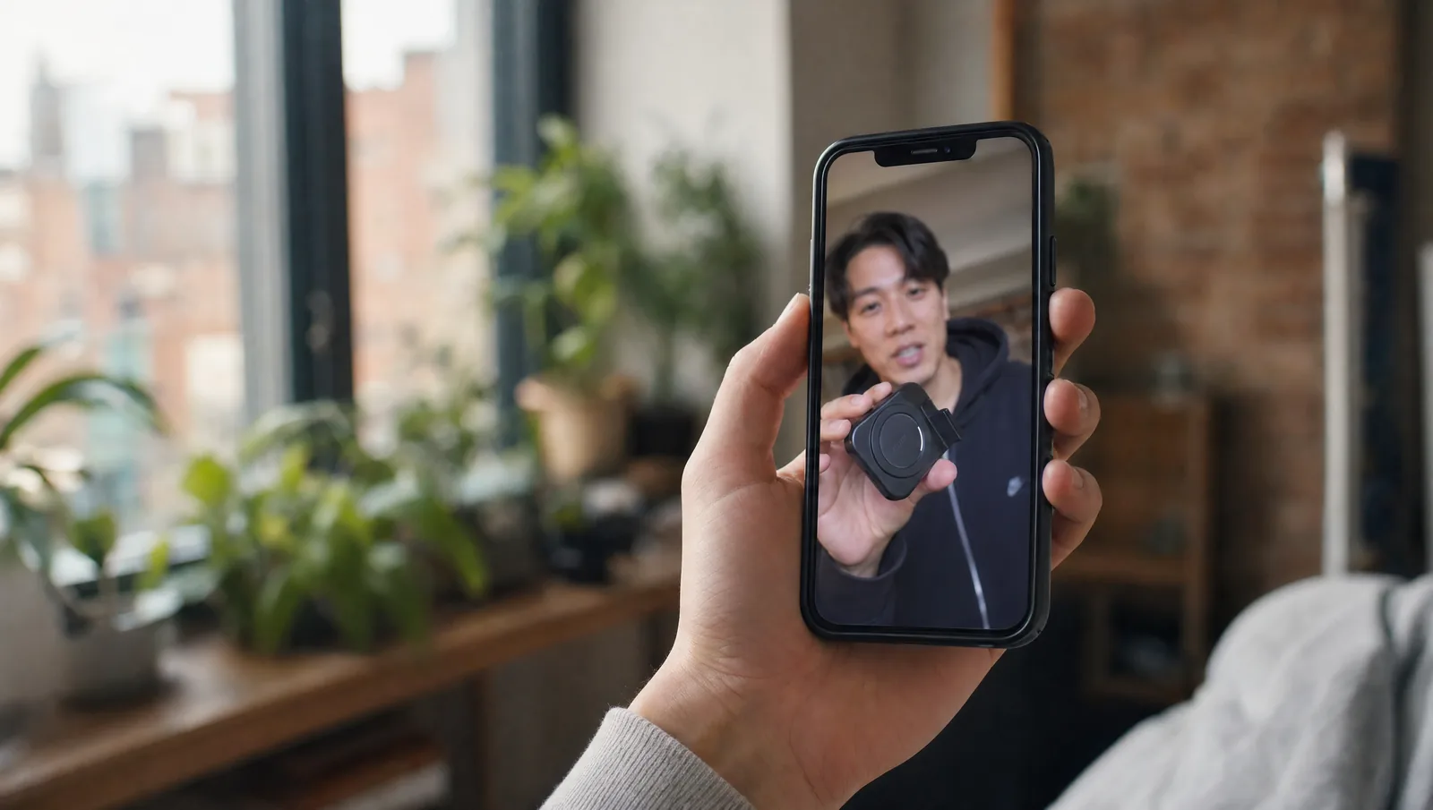 Hand holding a smartphone showing a vertical TikTok-style video
