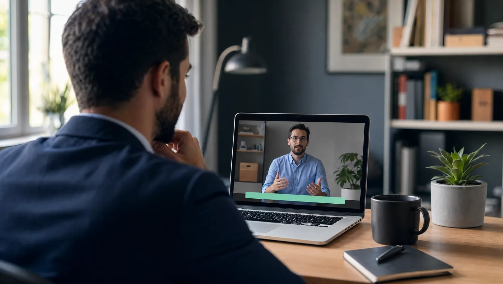 Over-the-shoulder view of a Zoom call with avatar and mint subtitles
