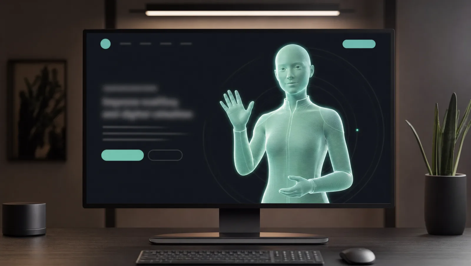 Monitor showing a site with a mint holographic avatar in the hero