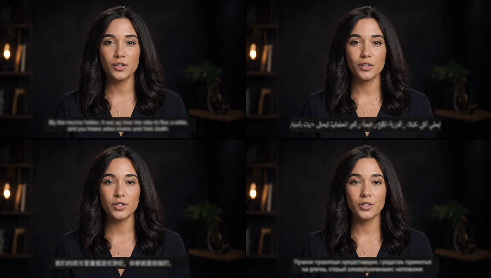 Split-screen 4 quadrants of the same person with multi-language subtitles