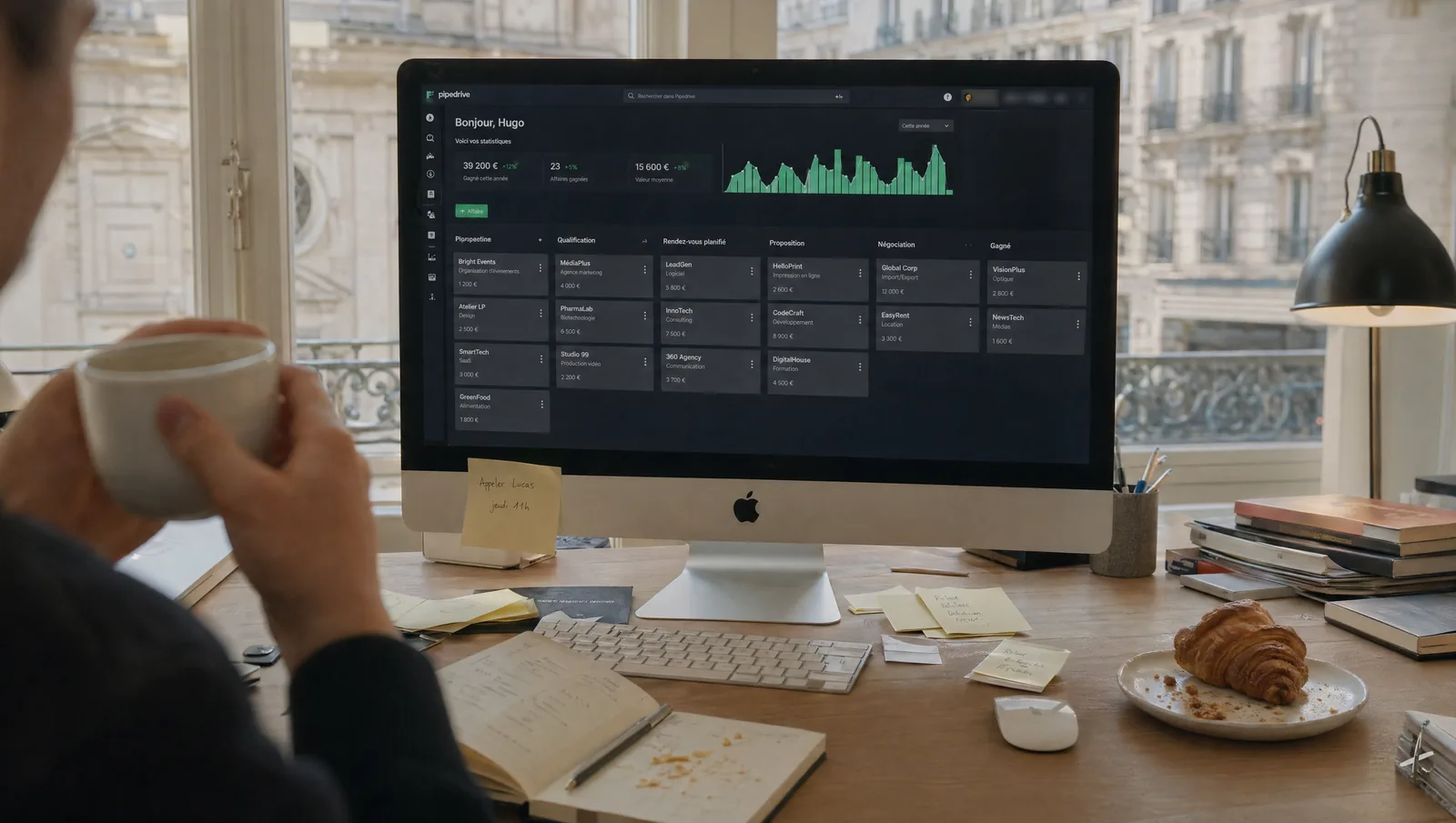 iMac with kanban CRM in a bright Paris office