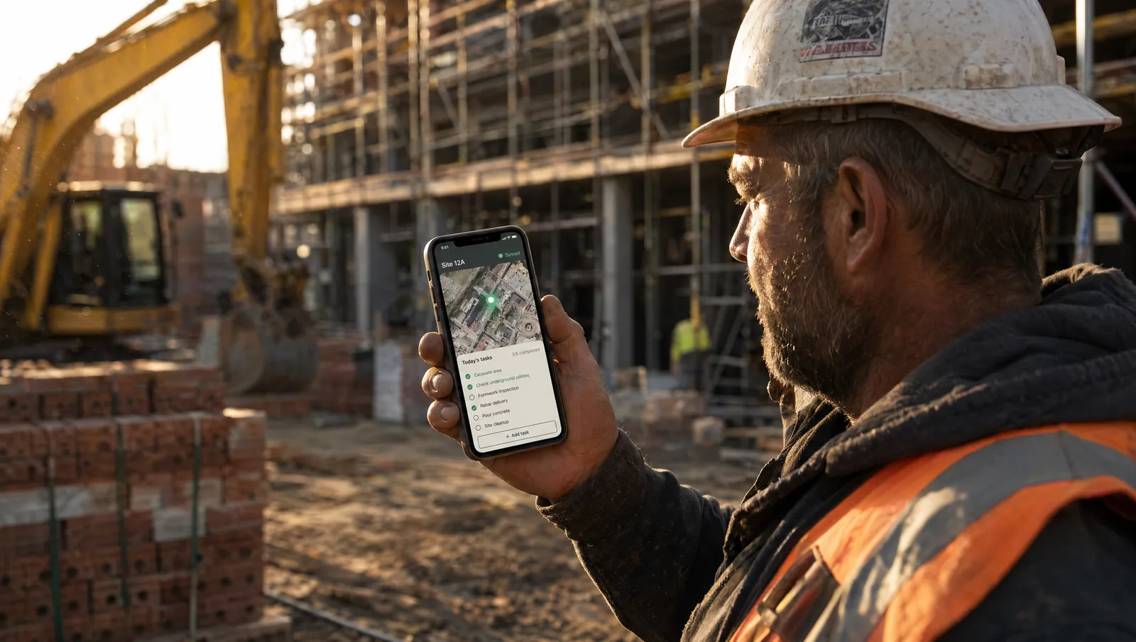Worker on site holding a smartphone with field-ops app